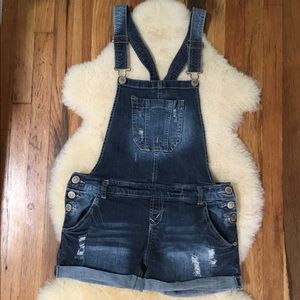 Women’s Distressed Denim Short Overalls